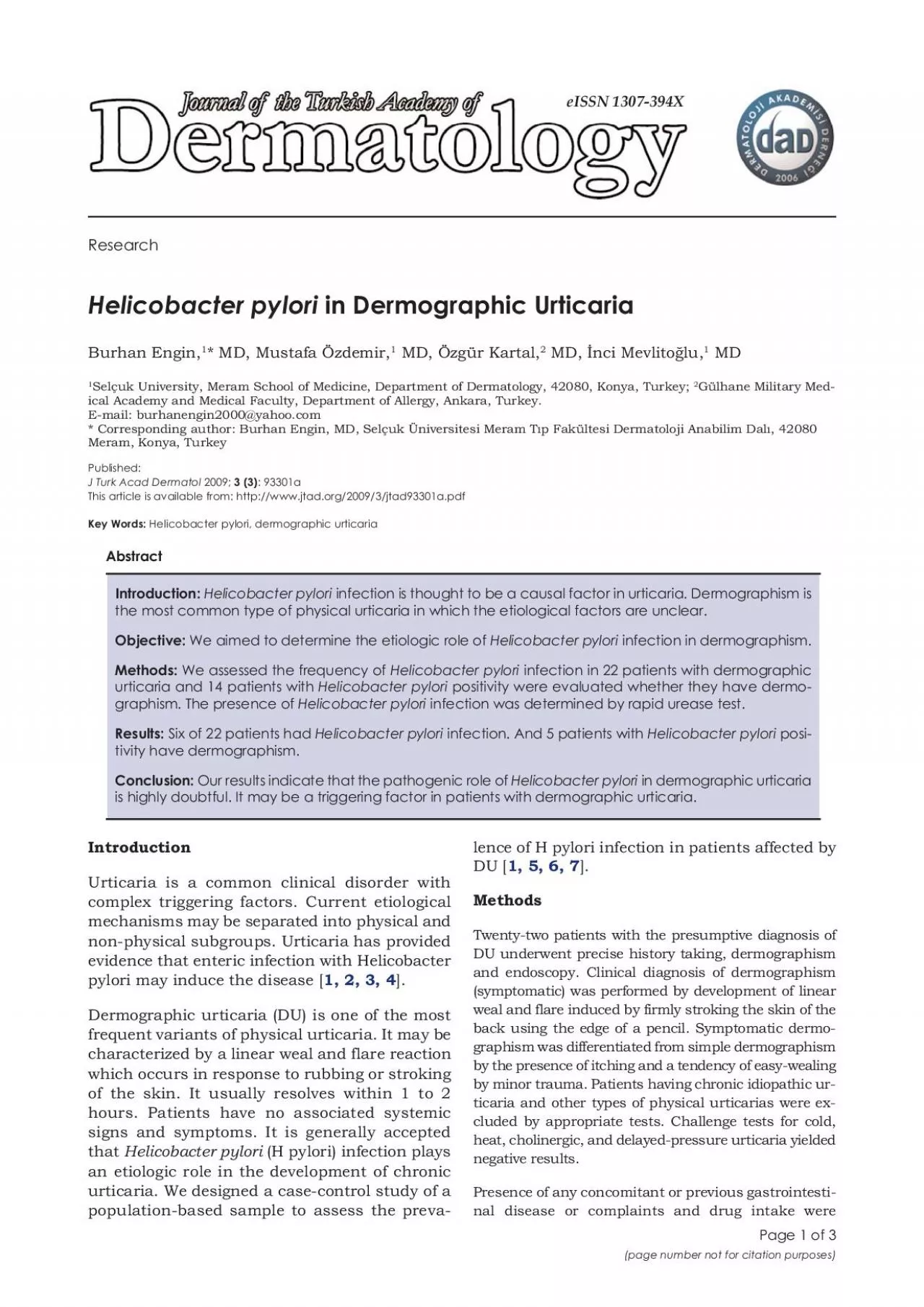 PDF-ResearchHelicobacter pyloriin Dermographic UrticariaBurhan Engin1 MD