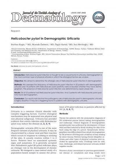 ResearchHelicobacter pyloriin Dermographic UrticariaBurhan Engin1 MD