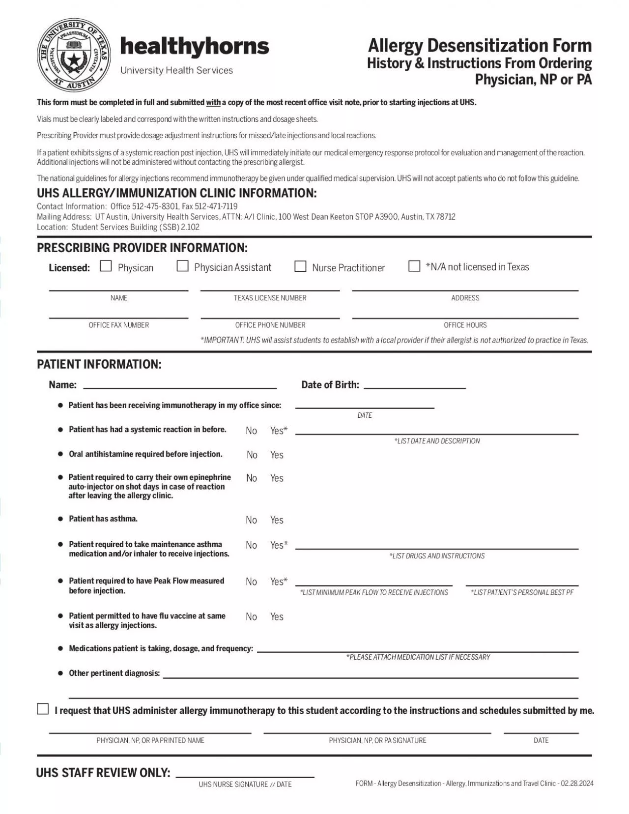 FORM  Allergy Desensitization Form  05262022