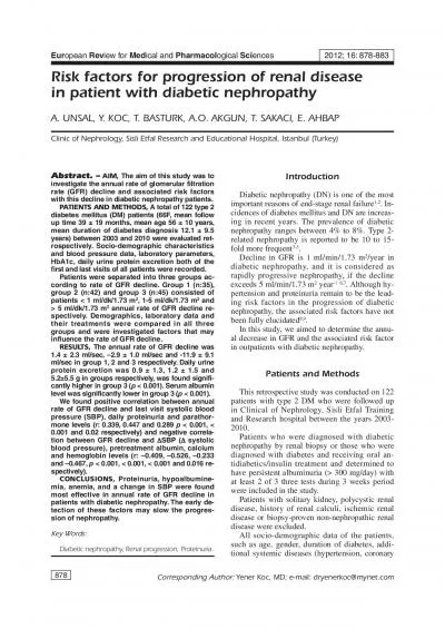 Risk factors for progression of renal disease in patient with diabetic