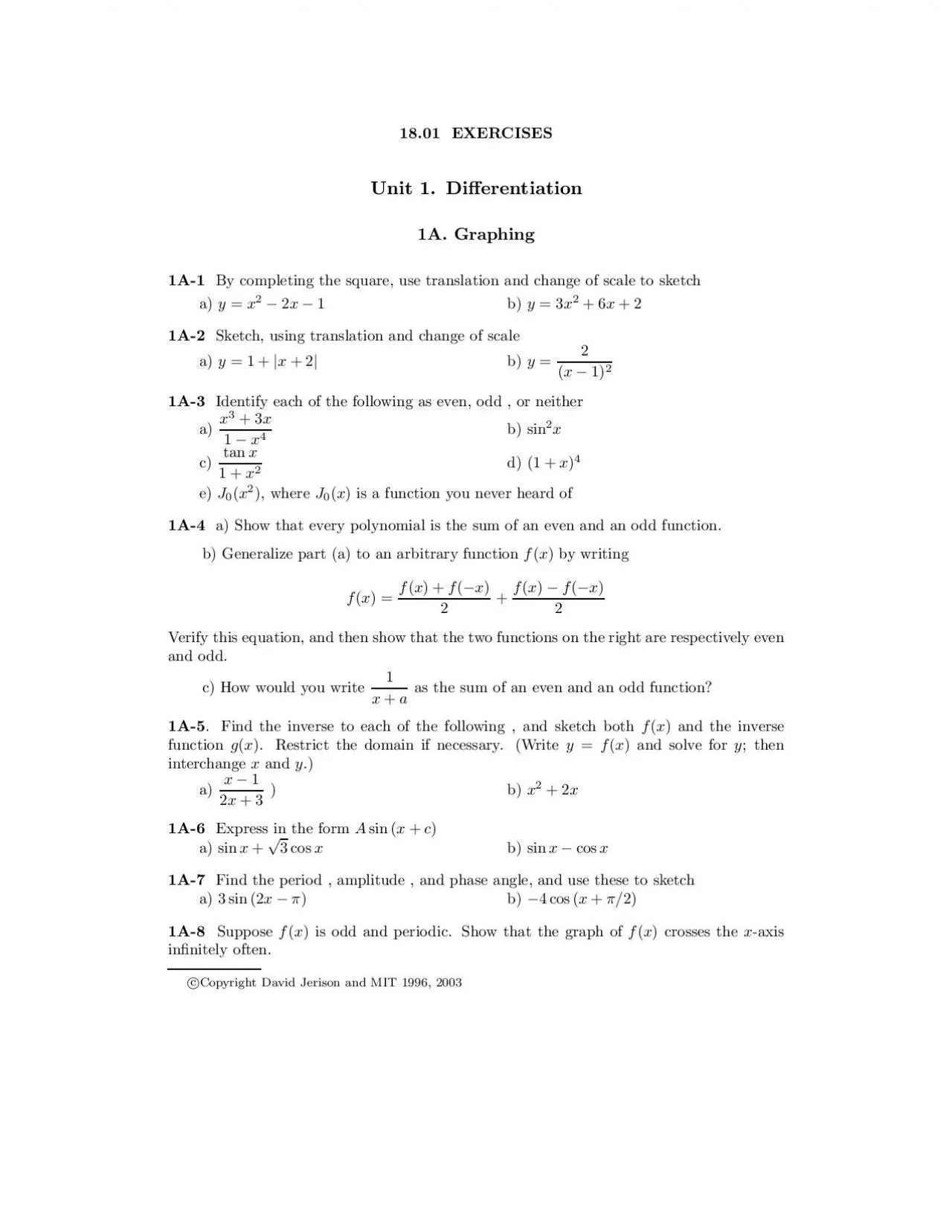 PDF-1801EXERCISESUnit1Dierentiation1AGraphing1A1Bycompletingthesquare