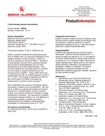 Nicotinamide adenine dinucleotide   Product Number  N8285 Storage Temp