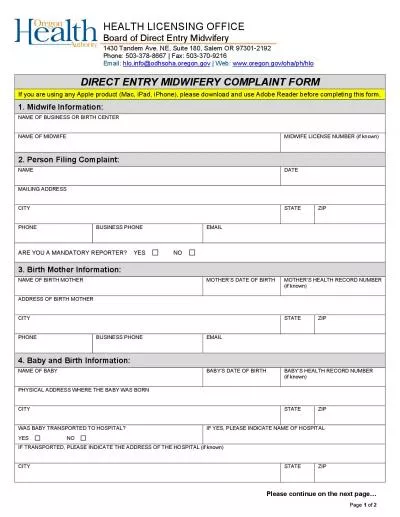 DIRECT ENTRY MIDWIFERY COMPLAINT FORM