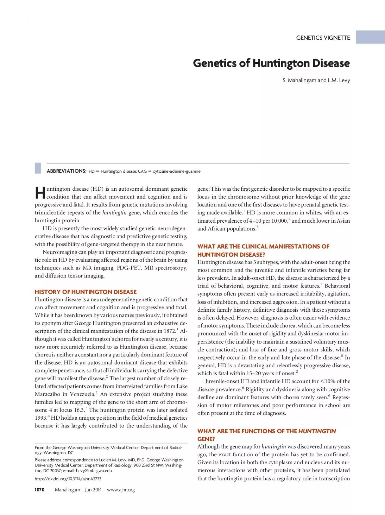 PDF-GENETICSVIGNETTEGeneticsofHuntingtonDiseaseSMahalingamandLMLevy