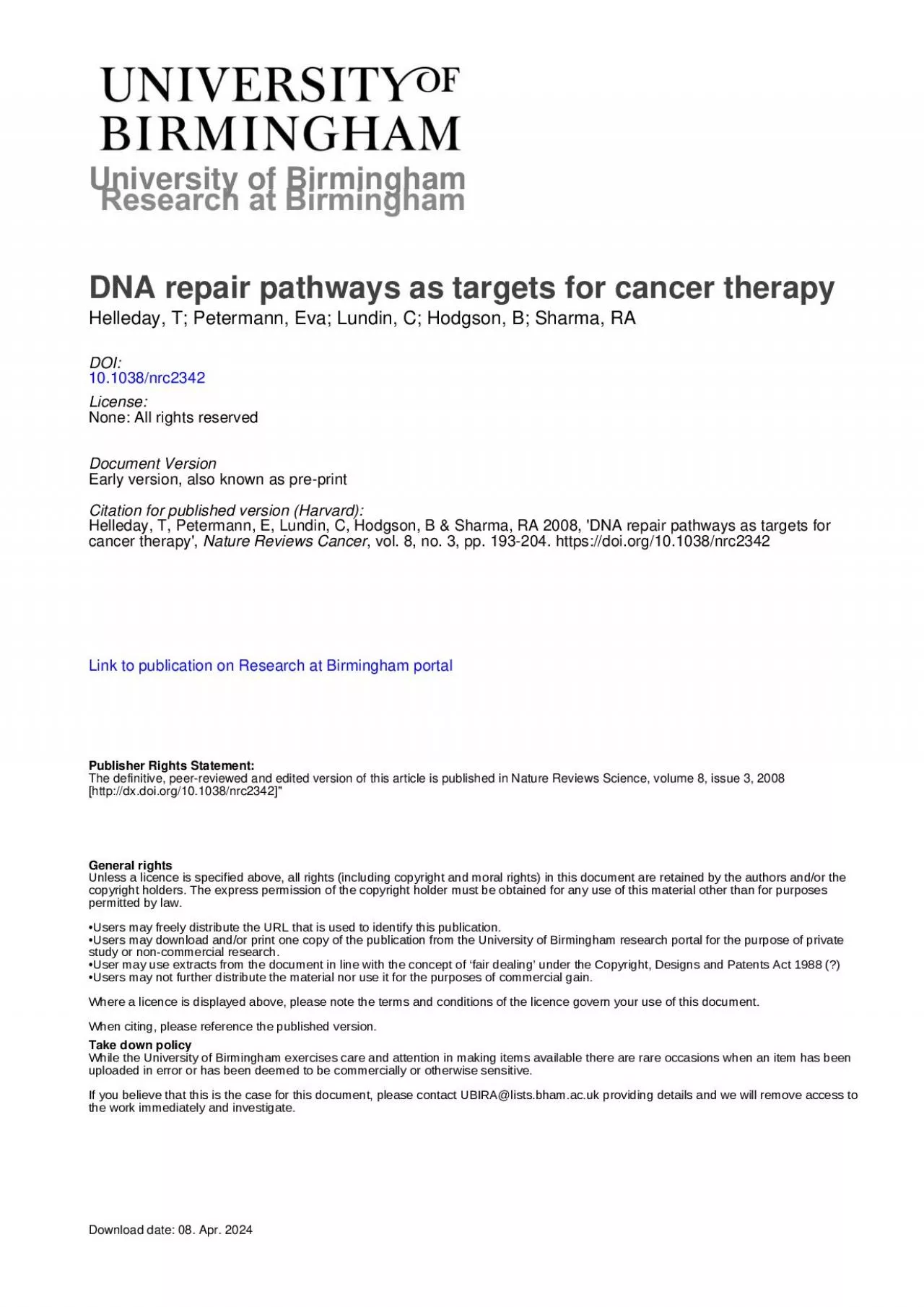 Targeting DNA repair for anticancer therapy Thomas Helleday12 Cec