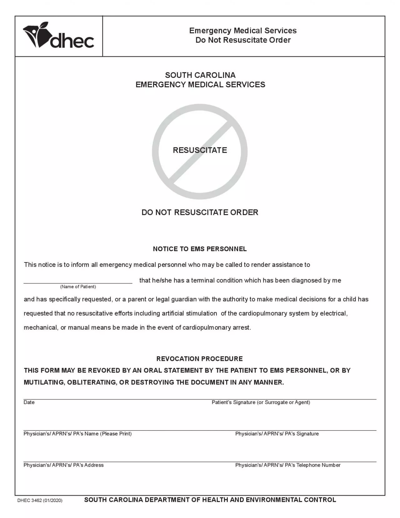 PDF-Emergency Medical ServicesDo Not Resuscitate OrderSOUTH CAROLINA EMERG