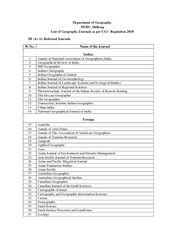 Department of Geography, NEHU, Shillong List of Geography Journals as