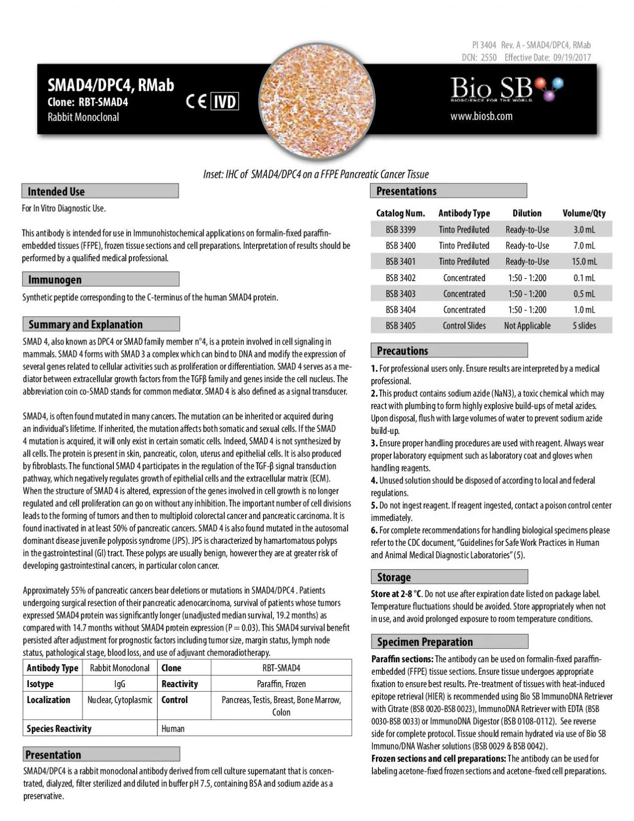 PDF-SMAD4DPC4 RMabClone RBTSMAD4Rabbit MonoclonalPI 3404 Rev A S