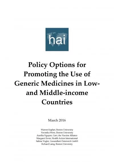 Policy ptions for romoting the se of eneric edicines in and iddleincom