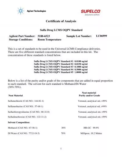 Certificate of Analysis Sulfa Drug LCMS OQPV Standard Agilent Part Num