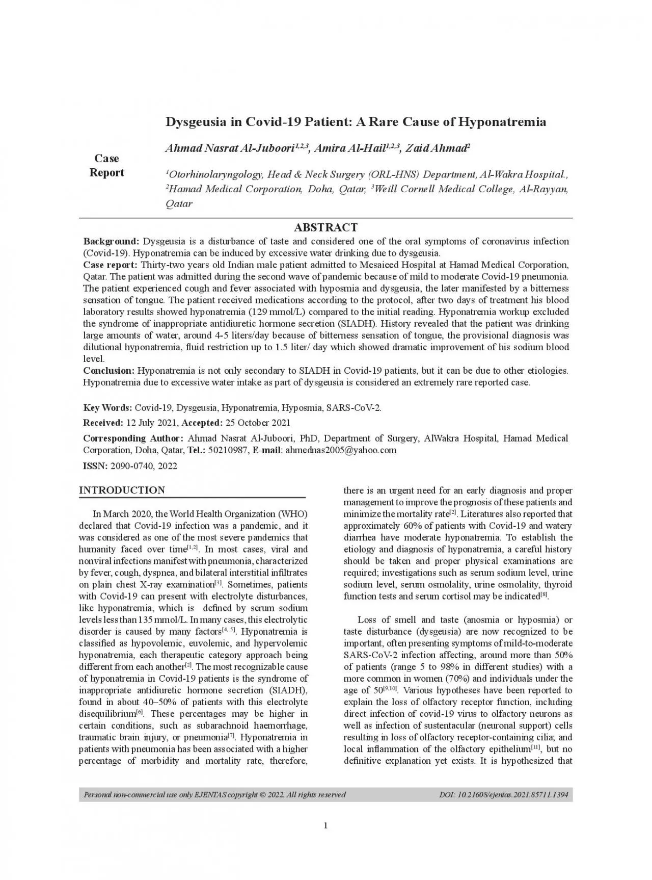 PDF-Dysgeusia in Covid19 Patient A Rare Cause of Hyponatremia