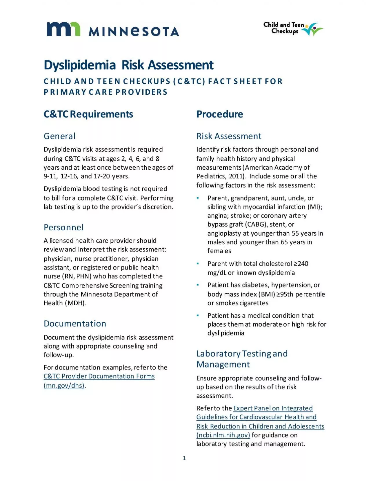 PDF-DyslipidemiaRisk AssessmentCHILD AND TEEN CHECKUPS CTC FACT SHEET F