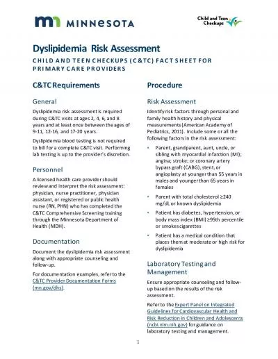 DyslipidemiaRisk AssessmentCHILD AND TEEN CHECKUPS CTC FACT SHEET F