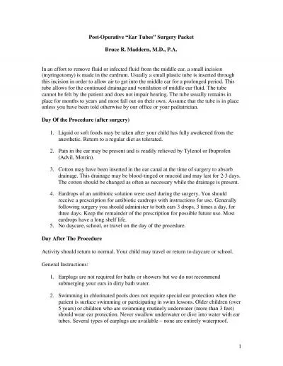 PostOperative147EarTubes148SurgeryPacketBruceRMaddernMDPA