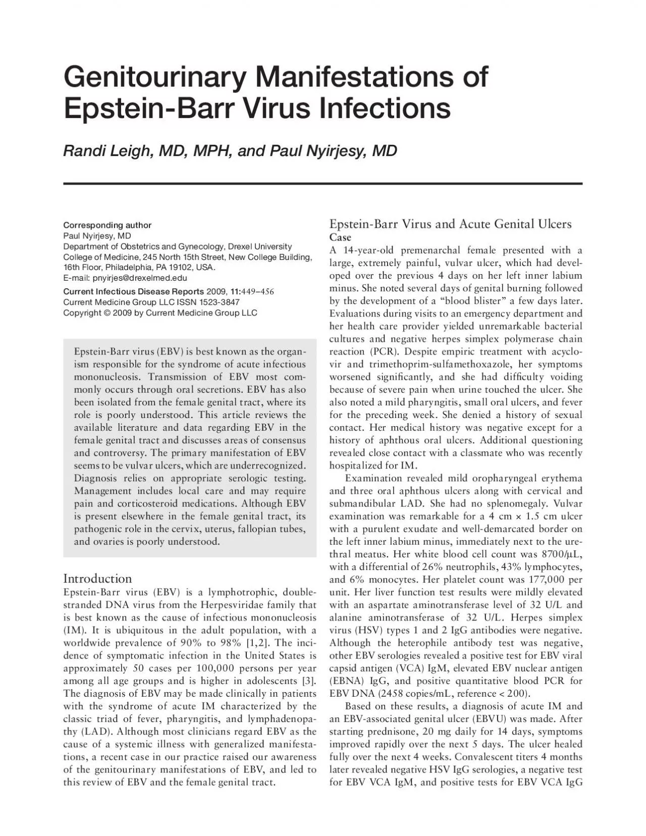 Genitourinary Manifestations of EpsteinBarr Virus InfectionsRandi Lei