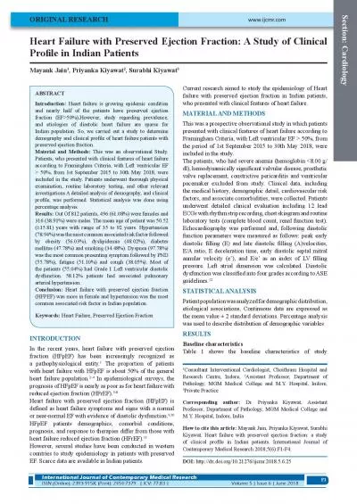 Heart Failure with Preserved Ejection Fraction A Study of Clinical