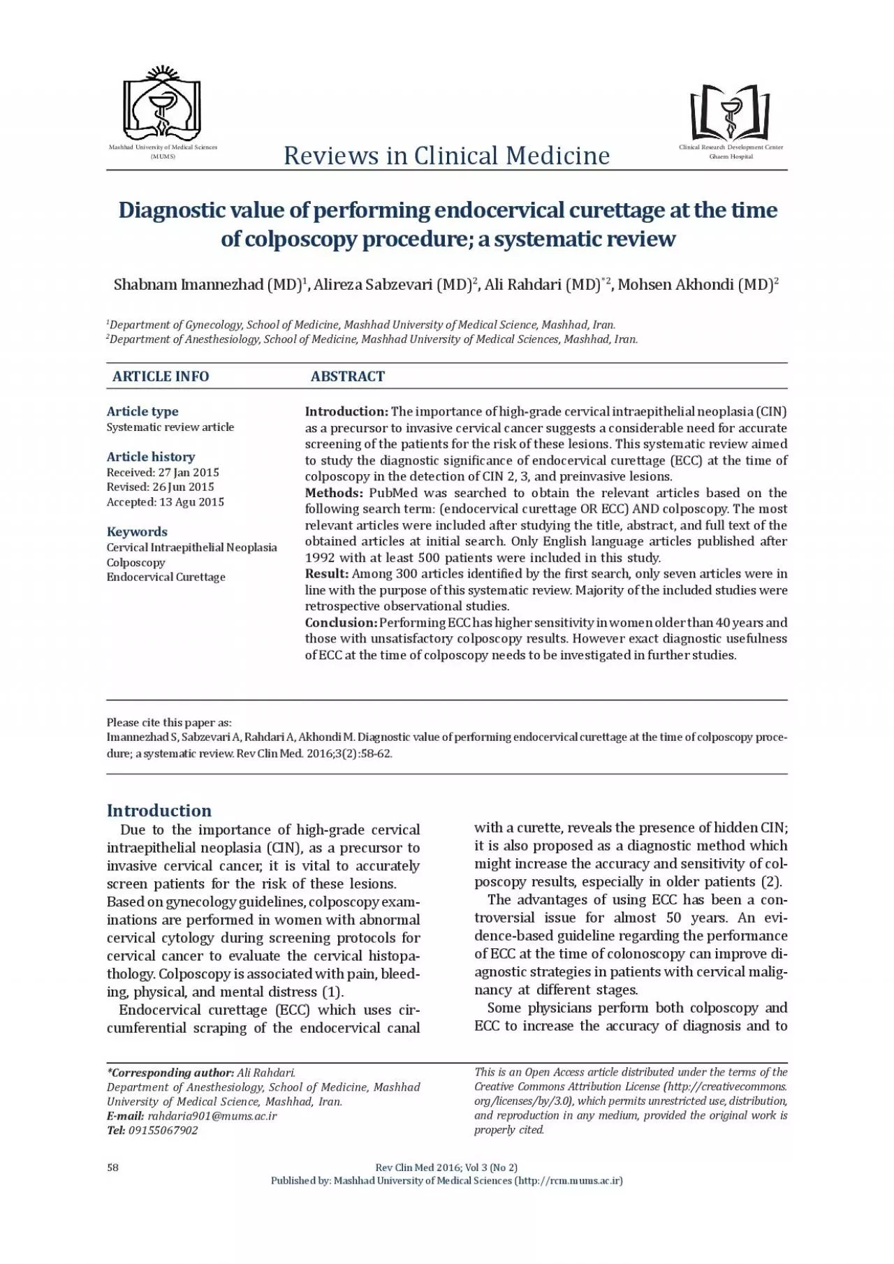 PDF-Diagnostic value of performing endocervical curettage at the time