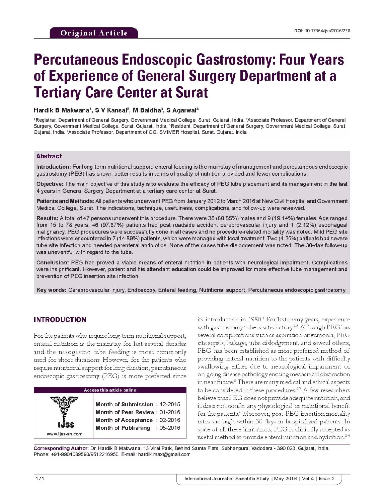 PDF-Percutaneous Endoscopic Gastrostomy Four Years