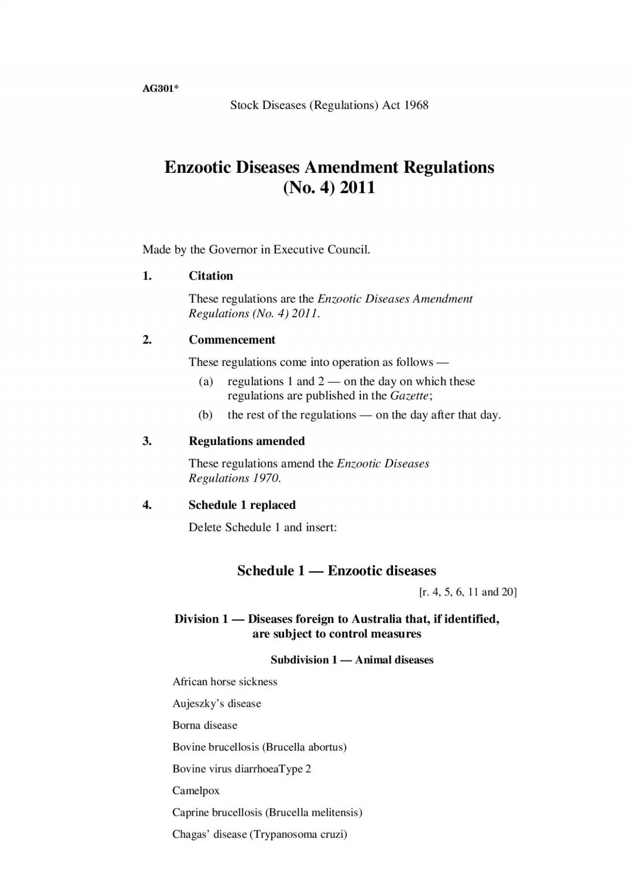 AG301 Stock Diseases Regulations Act 1968 Enzootic Diseases Amendme