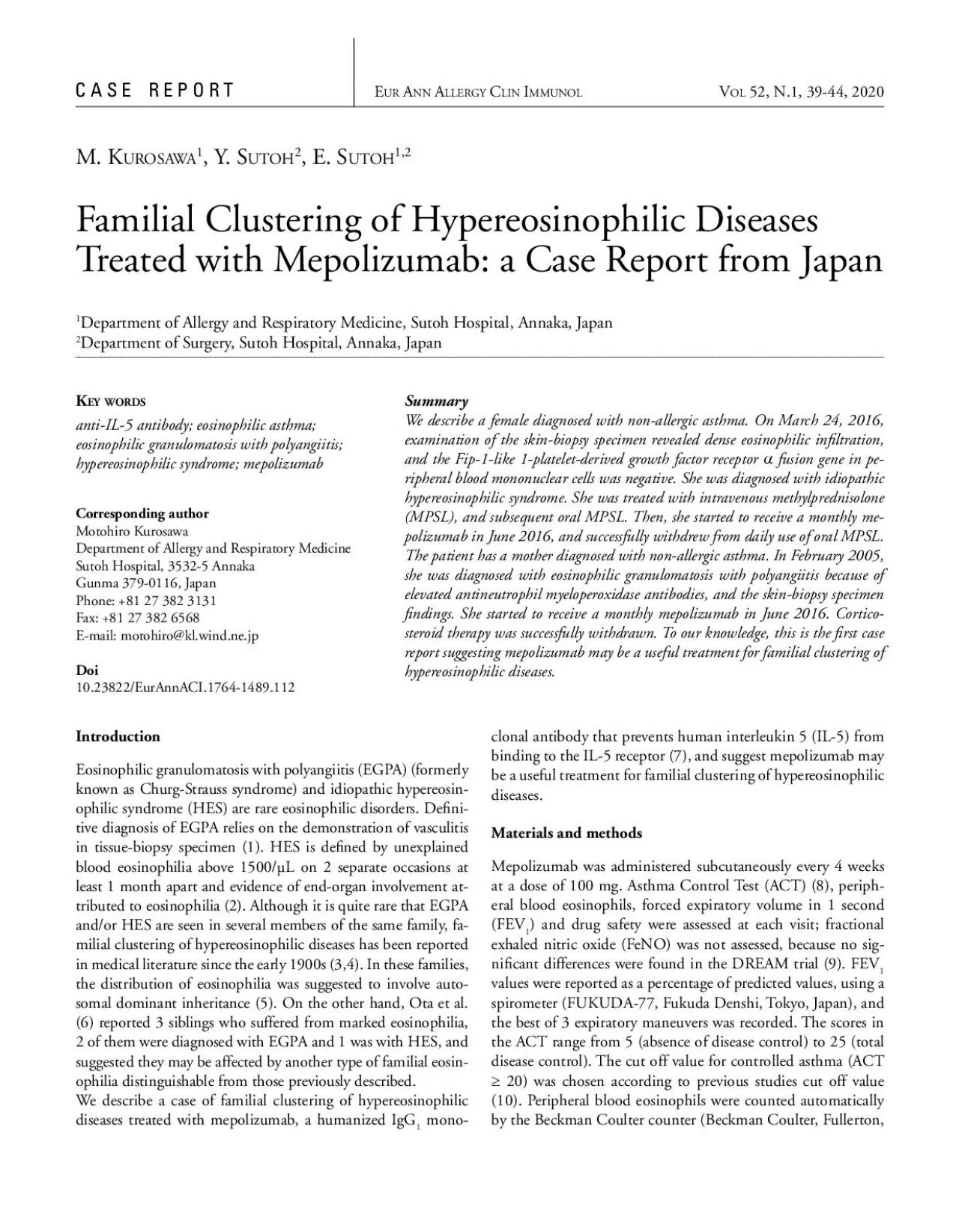 Familial Clustering of Hypereosinophilic Diseases Treated with Mepoliz