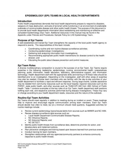 NC Communicable Disease ManualEPI Teams in Local Health Departments