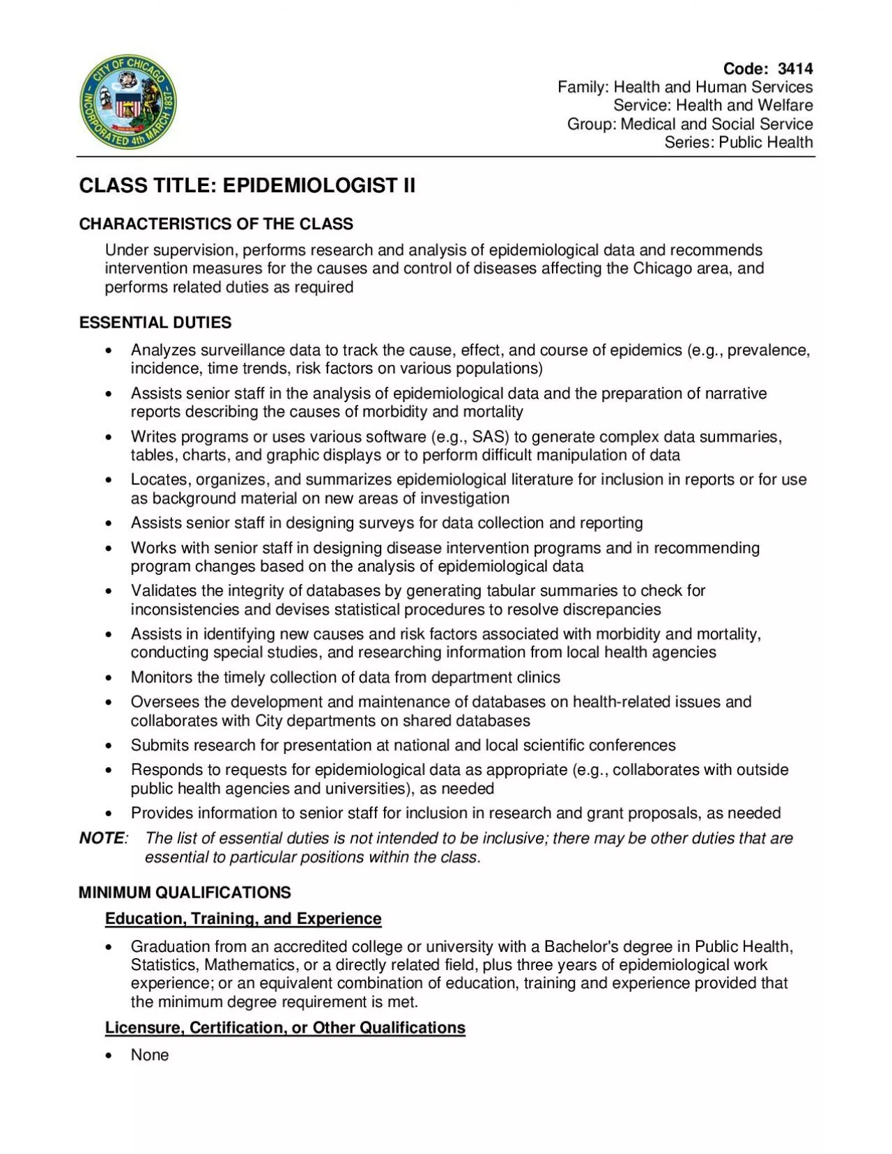 PDF-CODE 3414 CLASS TITLE EPIDEMIOLOGIST II COMPREHEND WRITTEN INFORMATI