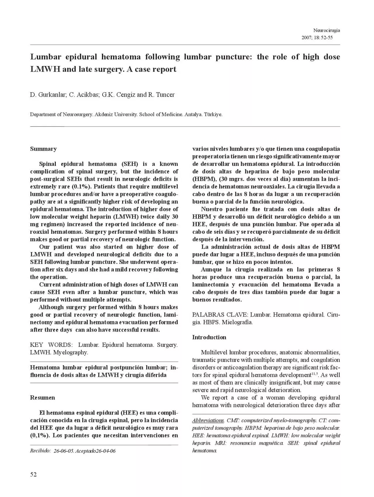 PDF-Spinal epidural hematoma SEH is a known