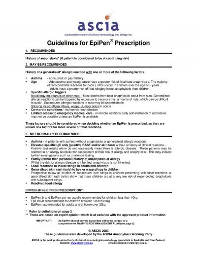 ASCIA 2003 These guidelines were developed by the ASCIA Anaphylaxis