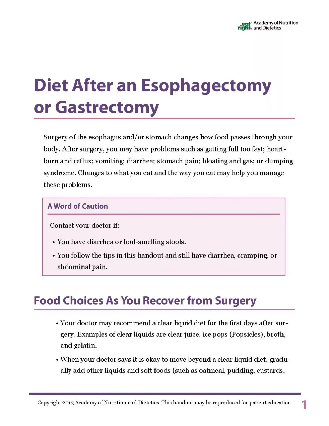 Diet After an Esophagectomy or GastrectomyFood Choices As You Recover