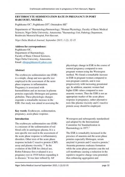 Erythrocyte sedimentation rate in pregnancy in P