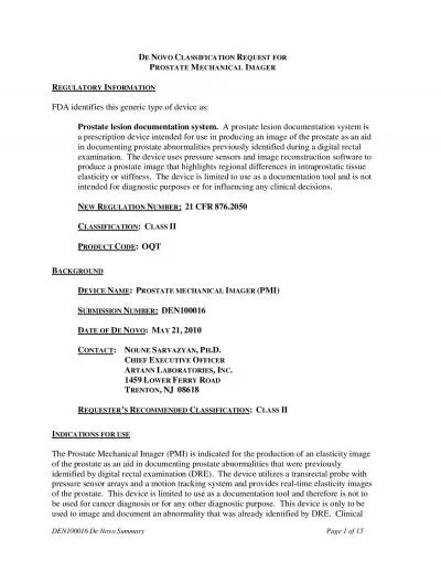 DEN100016 De Novo Summary  Page 1 of 15 OVO LASSIFICATION EQUEST FOR E