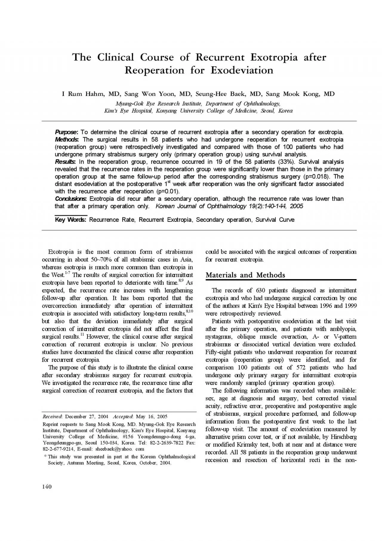 PDF-The CMJOJcaM Course of RecurreOt ExotropJa after ReoperatJoO for Exode