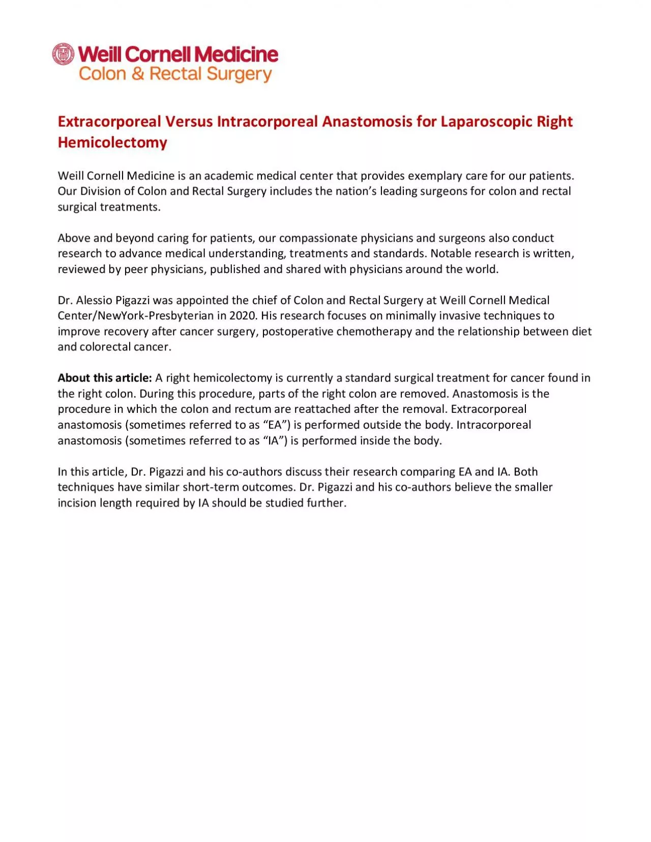 PDF-Extracorporeal Versus Intracorporeal Anastomosis for Laparoscopic Righ