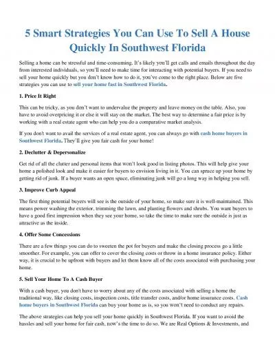 5 Smart Strategies You Can Use To Sell A House Quickly In Southwest Florida