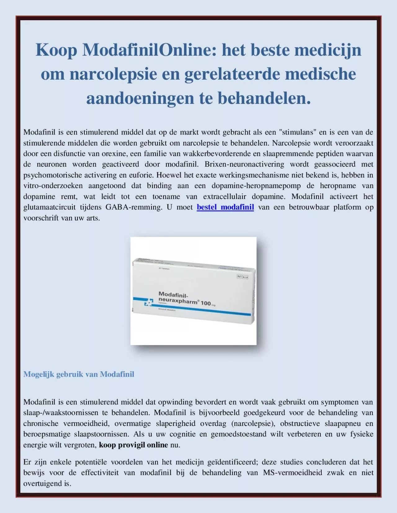 PDF-Koop ModafinilOnline: het beste medicijn om narcolepsie en gerelateerde medische aandoeningen