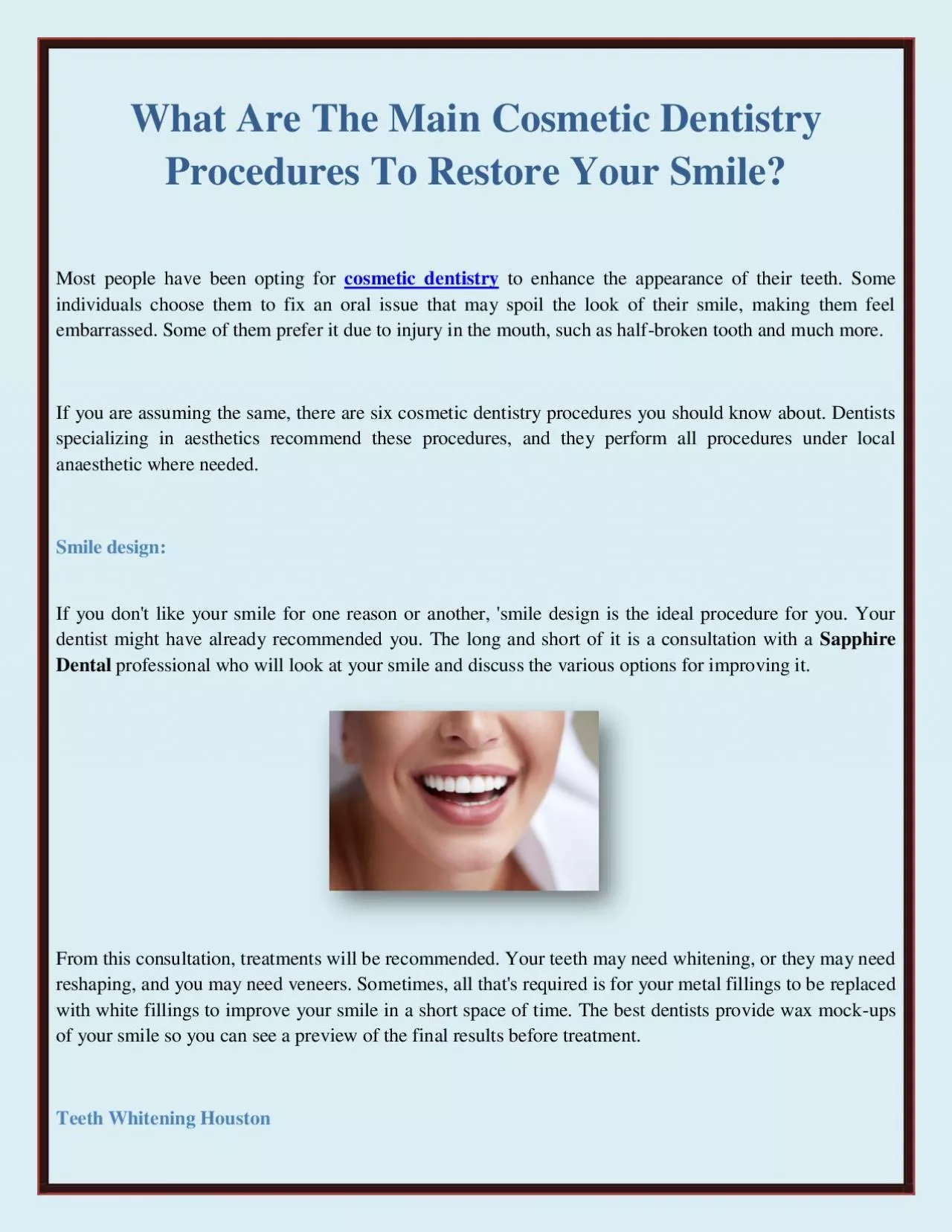 What Are The Main Cosmetic Dentistry Procedures To Restore Your Smile?