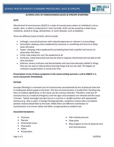 SCHOOL HEALTH SERVICES STANDARD PROCEDURES ALOC  SYNCOPE