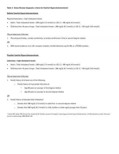 Table 3  Simon Broome diagnostic criteria for Familial Hypercholester