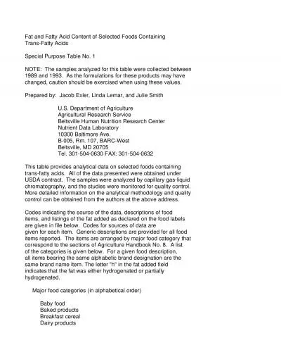 Fat and Fatty Acid Content of Selected Foods ContainingTransFatty Aci