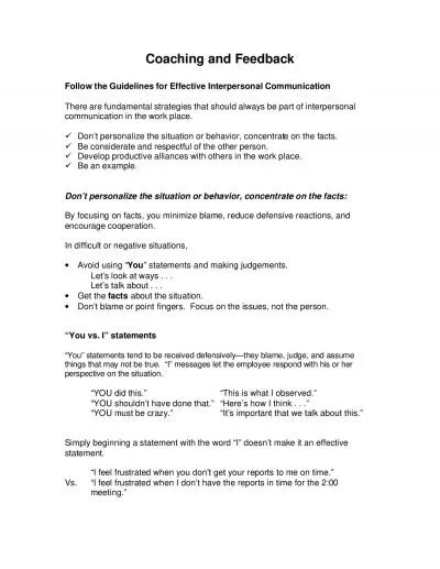 Coaching and Feedback  Follow the Guidelines for Effective Interperson