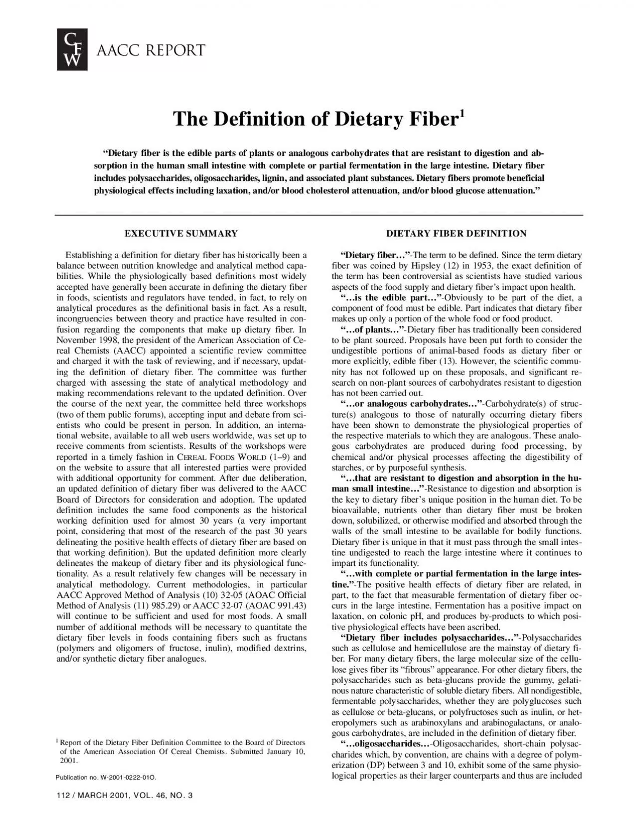 112  MARCH 2001 VOL 46 NO 3 The Definition of Dietary FiberDieta