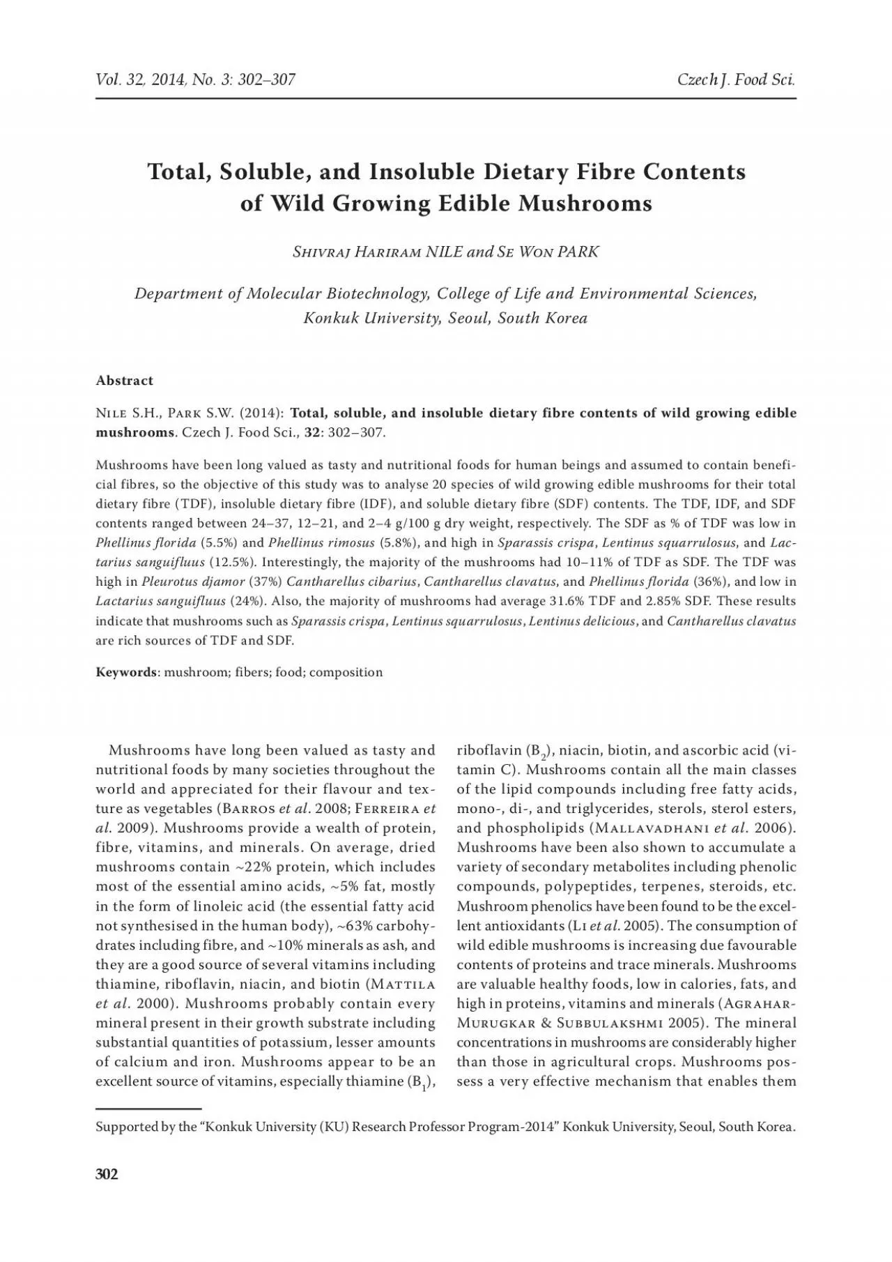 Total Soluble and Insoluble Dietary Fibre Contents of Wild Growing E