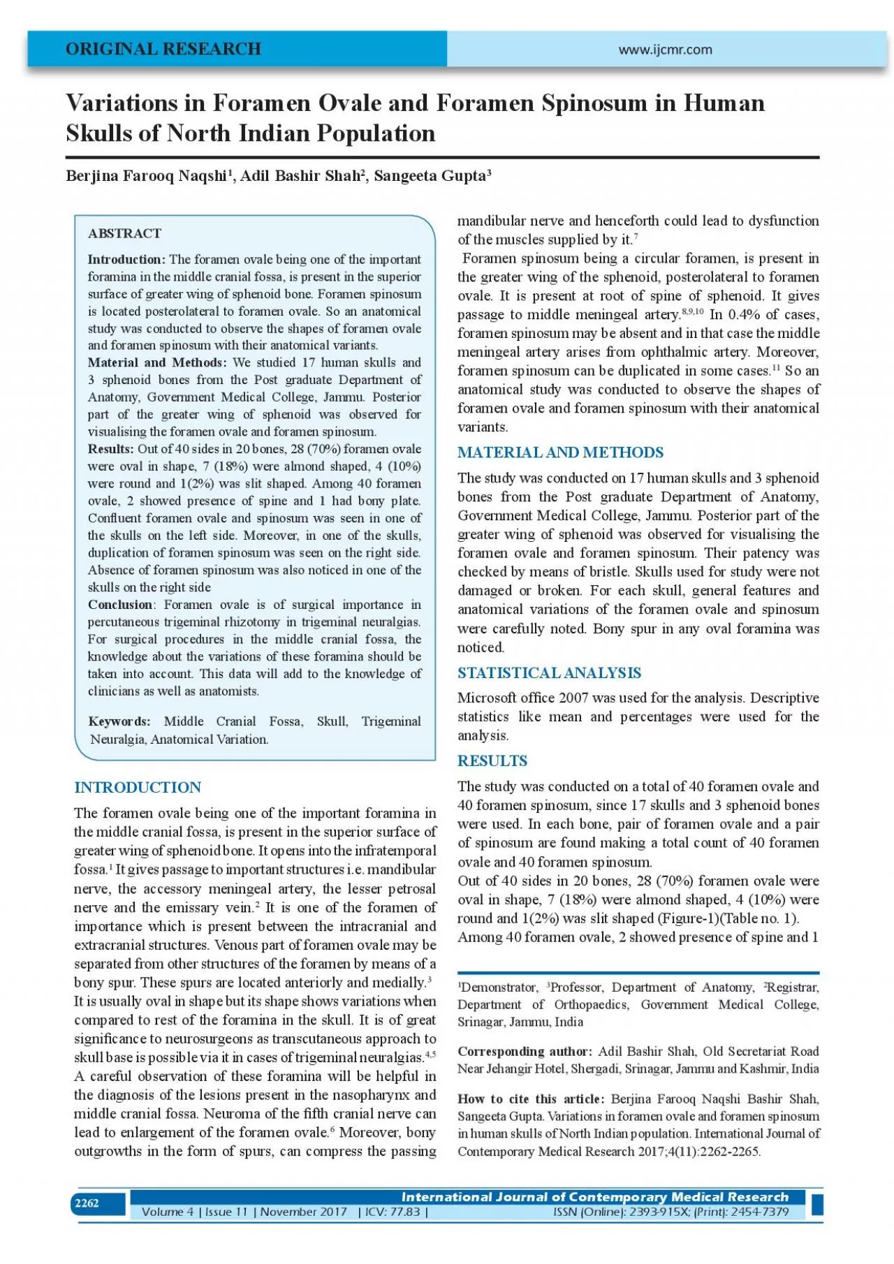 PDF-Variations in Foramen Ovale and Foramen Spinosum in Human