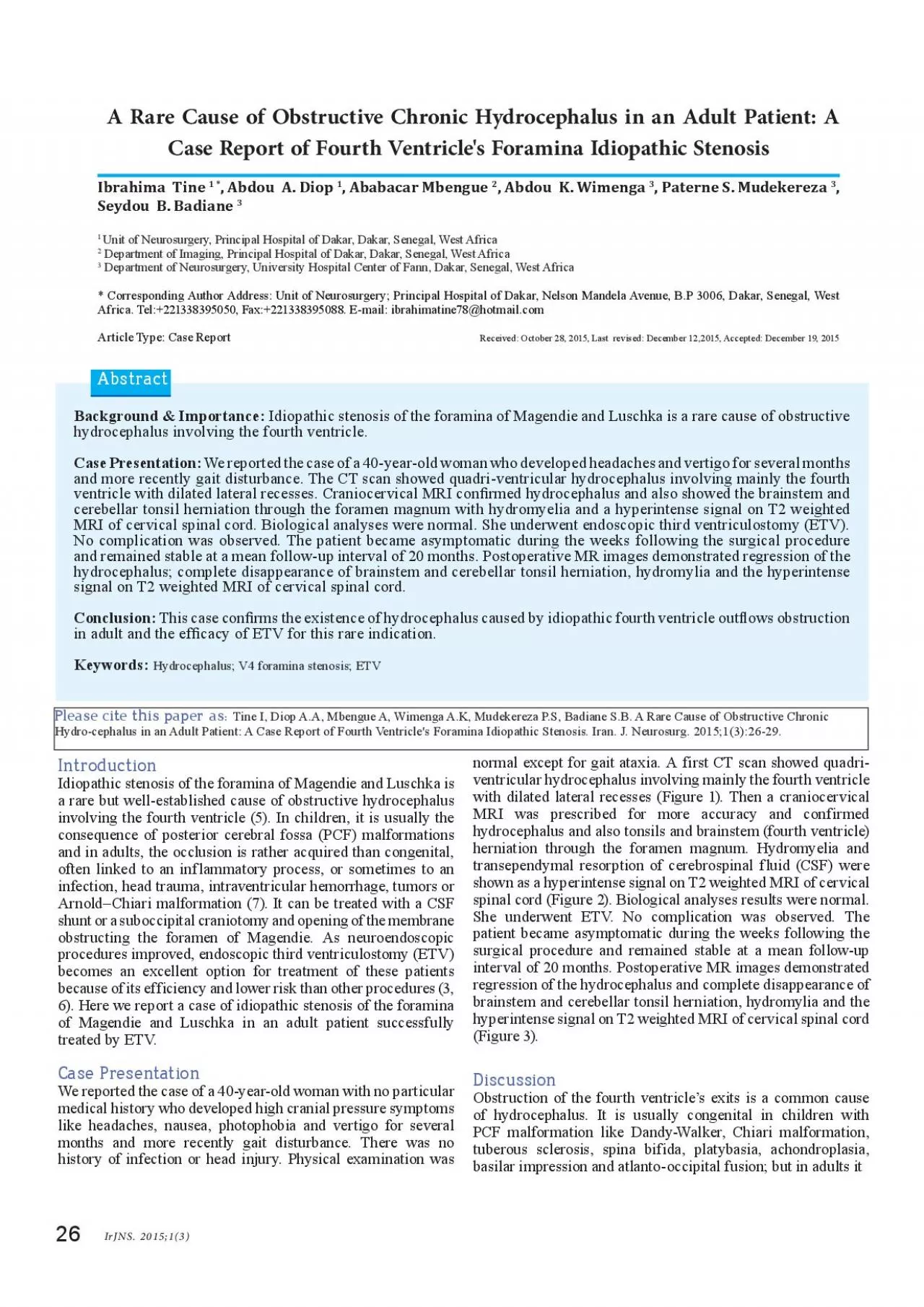 PDF-A Rare Cause of Obstructive Chronic Hydrocephalus in an Adult Patient