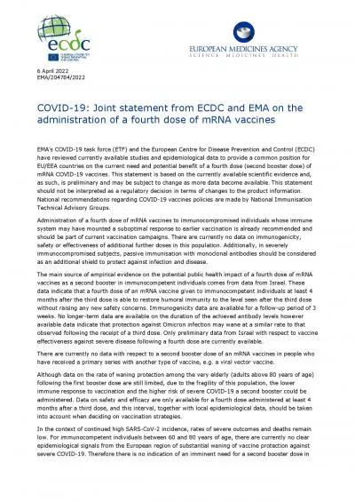 6 April 2022EMA2047842022COVID19 Joint statement from ECDC and EMA