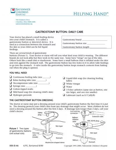 Gastrostomy Button  Daily Care      Page 2 of 4 CARE OF THE SKIN AROU