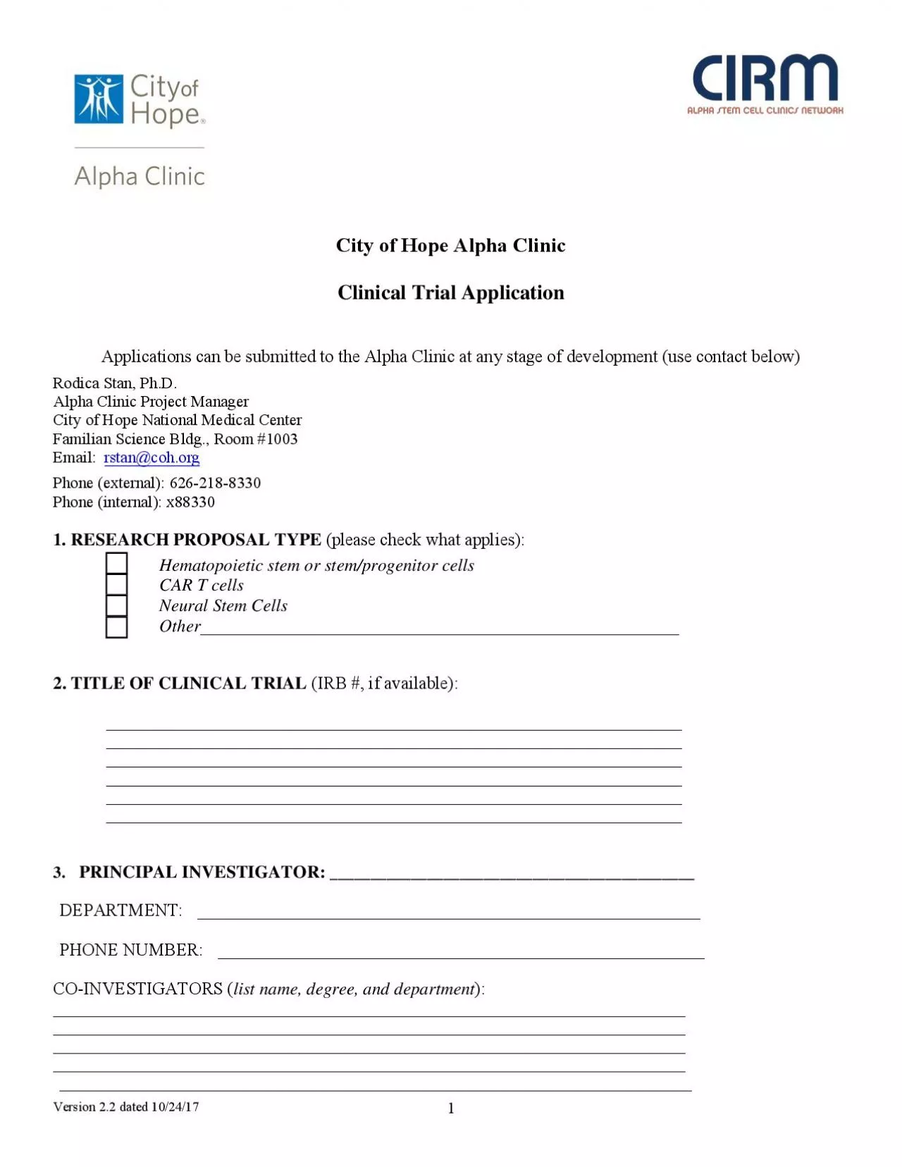 City of Hope Alpha ClinicClinical Trial ApplicationApplications an be