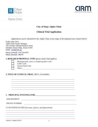 City of Hope Alpha ClinicClinical Trial ApplicationApplications an be