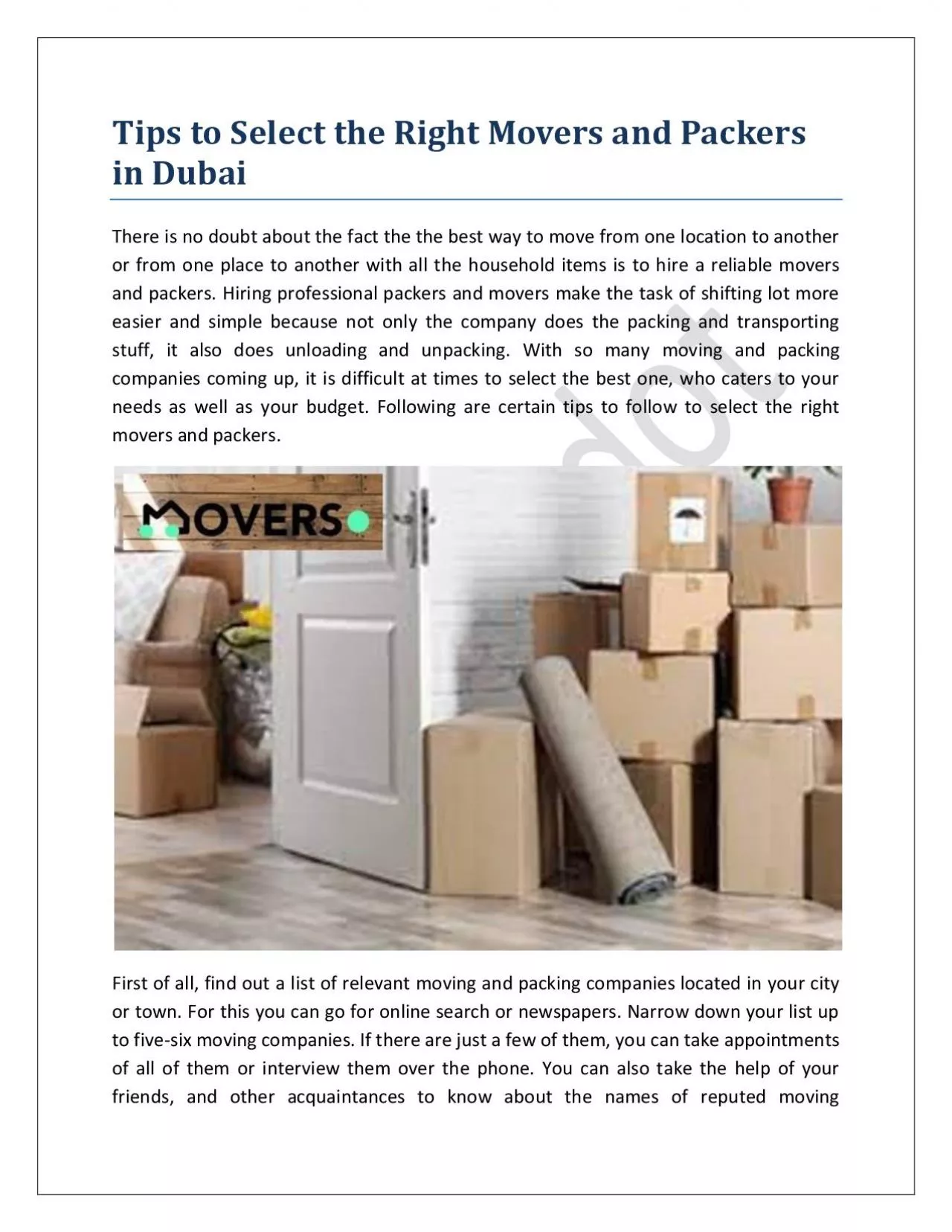 Tips to Select the Right Movers and Packers in Dubai