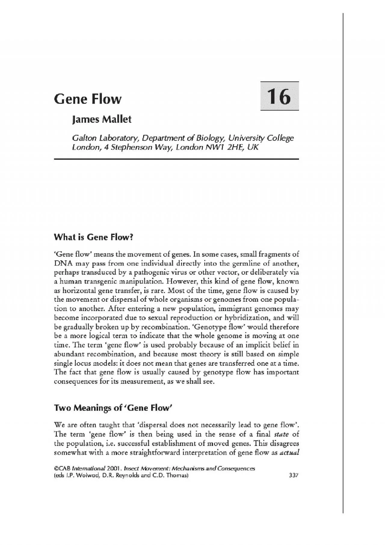 Gene Flow James Mallet 16  Calton Laboratory Department of Biology U